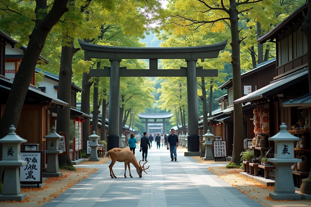 Torii en pierre et daims dans le parc de Nara au Japon, illustration de ville japonaise pour mots croisés 5 lettres