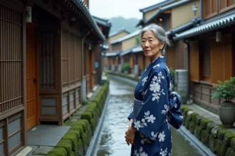 Femme japonaise en yukata traditionnel dans une ruelle pavée de Kyoto, ville du Japon en 5 lettres pour mots croisés