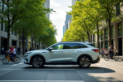 Voiture hybride moderne dans une ville verte et dynamique