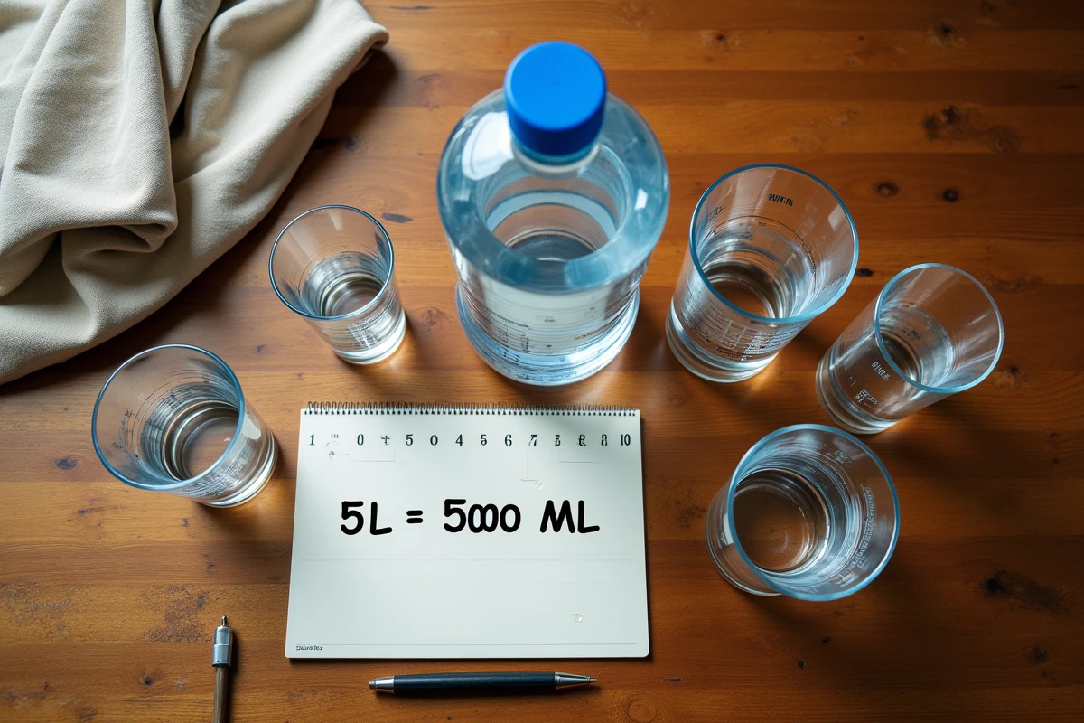 Vue de dessus d'une bouteille de 5 litres entourée de récipients d'un litre avec la formule 5L égale 5000 mL écrite sur un carnet